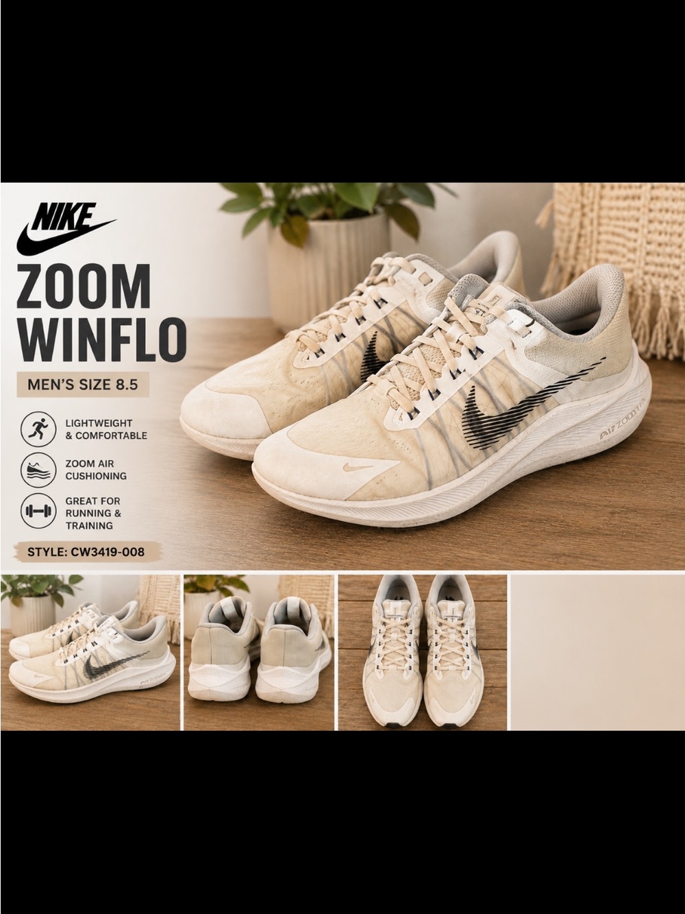 Nike Zoom Winflo Men's Running Shoes - Cream Beige with Black Swoosh